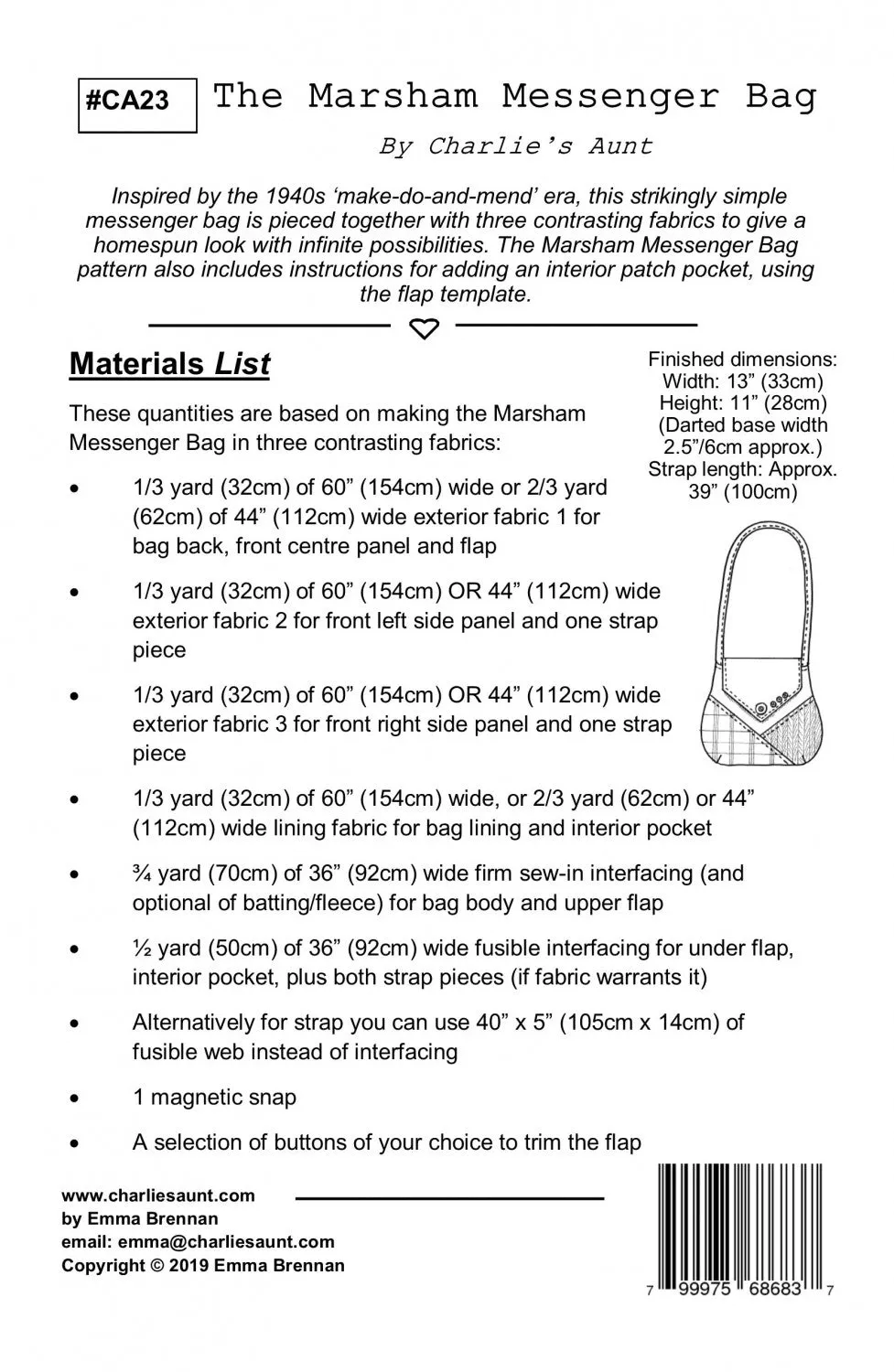 Marsham Messenger Bag by Charlie's Aunt (Printed Paper Pattern)