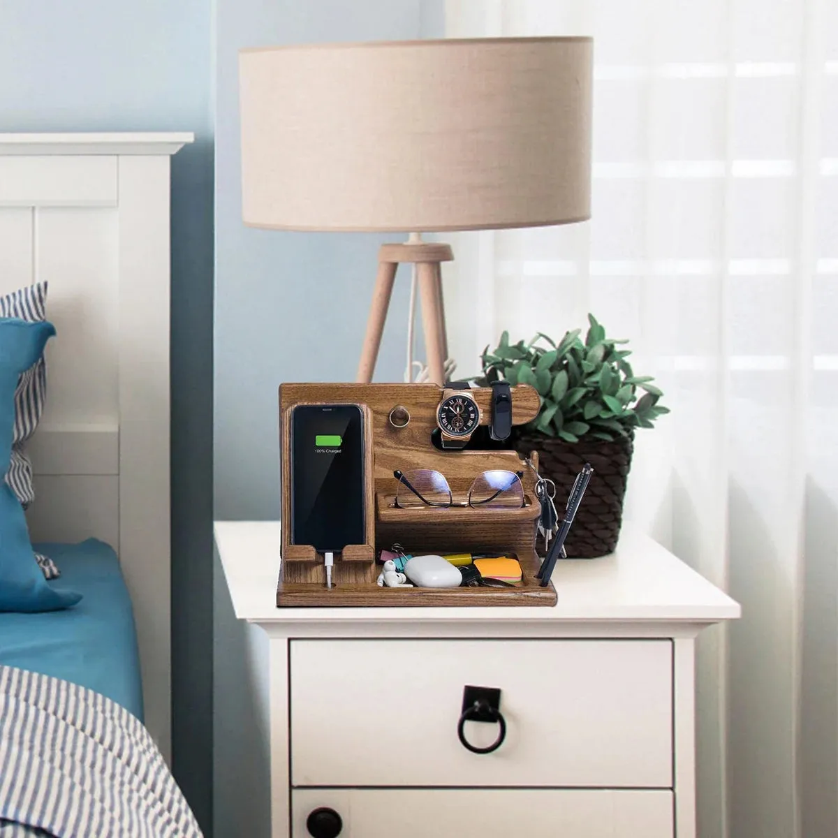 Multi-functional Wooden Telephone Extension Base Father's Gift Bedside Table Organizer