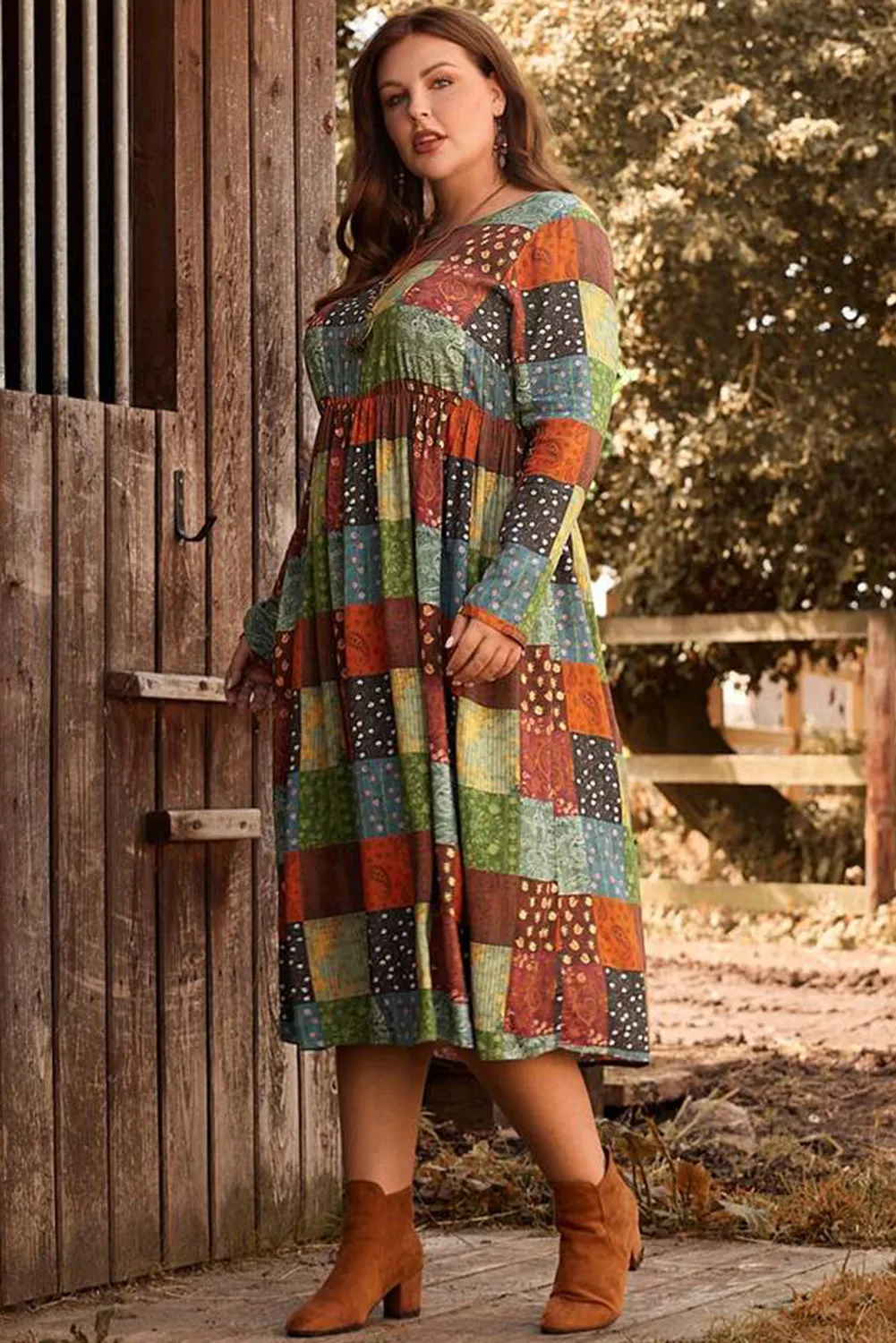 Multicolor Plus Size Plaid Long Sleeve Swing Midi Dress