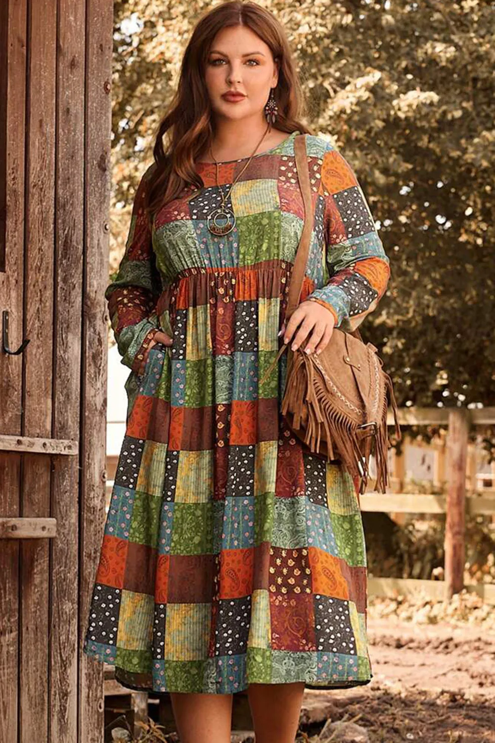 Multicolor Plus Size Plaid Long Sleeve Swing Midi Dress