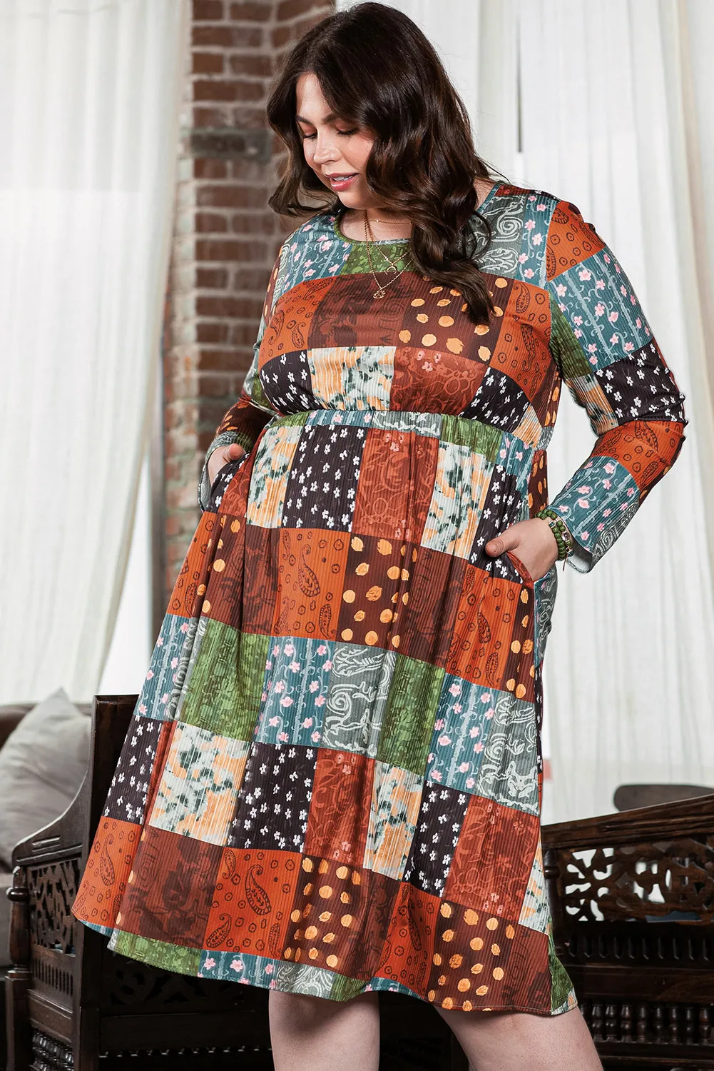 Multicolor Plus Size Plaid Long Sleeve Swing Midi Dress