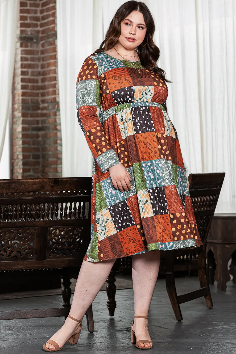 Multicolor Plus Size Plaid Long Sleeve Swing Midi Dress