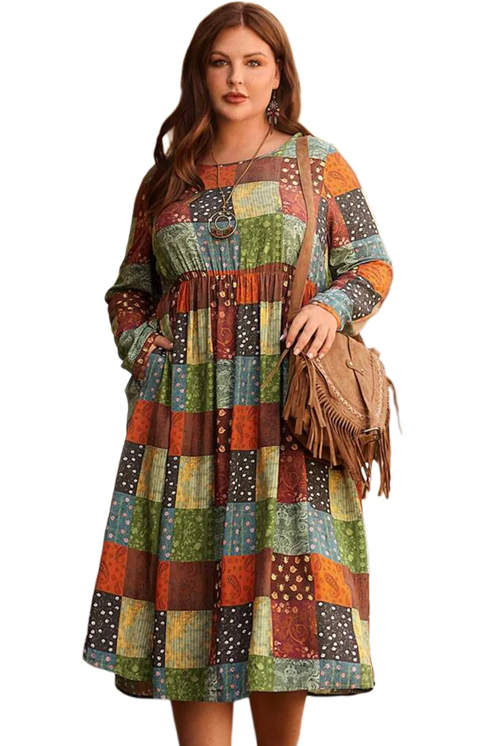 Multicolor Plus Size Plaid Long Sleeve Swing Midi Dress