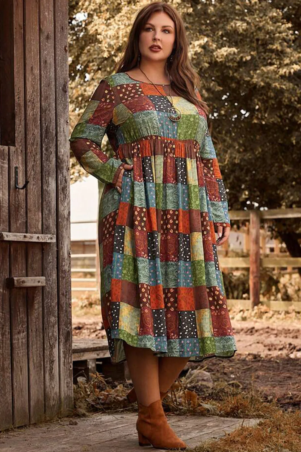 Multicolor Plus Size Plaid Long Sleeve Swing Midi Dress