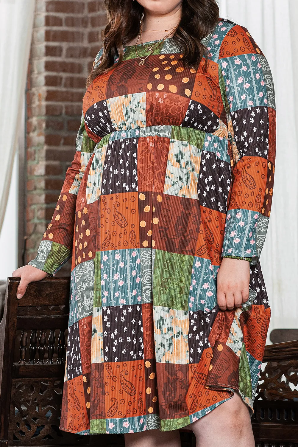 Multicolor Plus Size Plaid Long Sleeve Swing Midi Dress