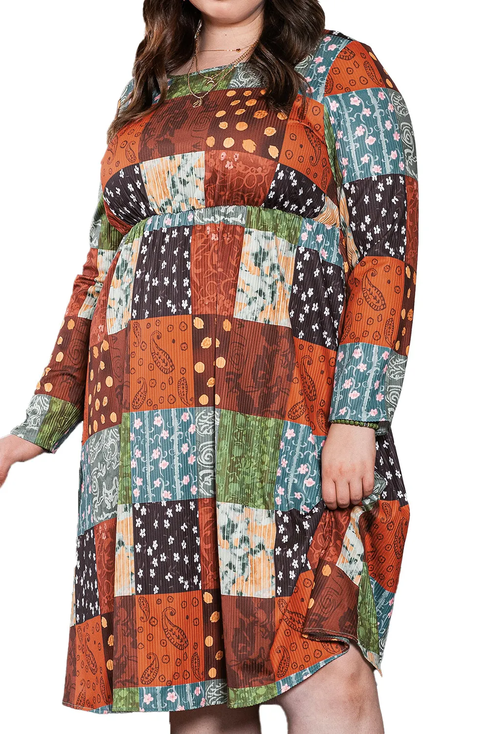 Multicolor Plus Size Plaid Long Sleeve Swing Midi Dress