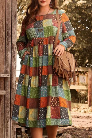 Multicolor Plus Size Plaid Long Sleeve Swing Midi Dress