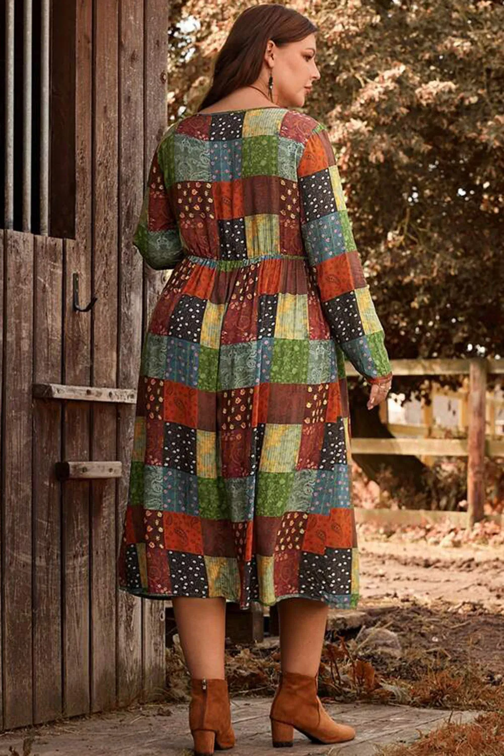 Multicolor Plus Size Plaid Long Sleeve Swing Midi Dress