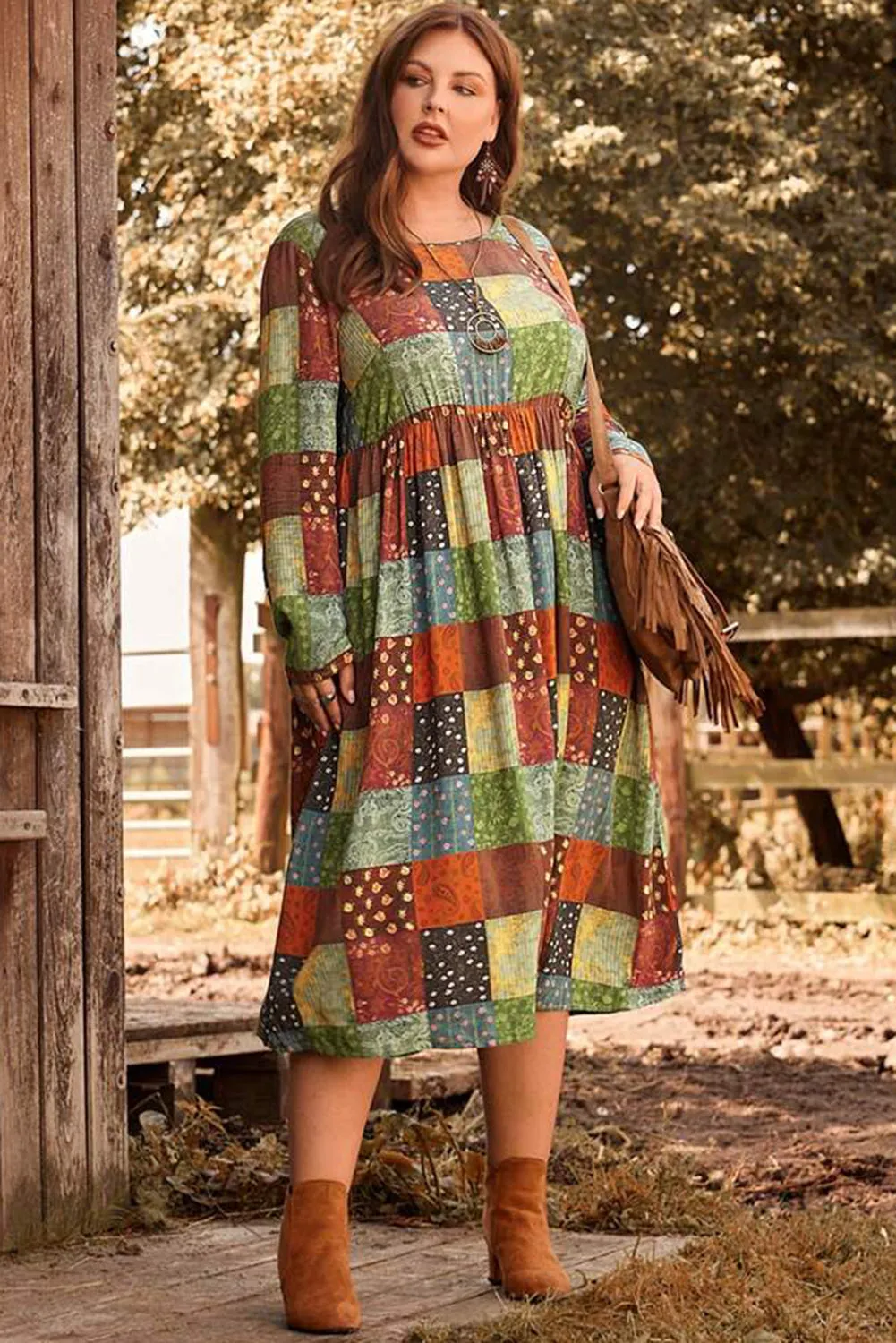 Multicolor Plus Size Plaid Long Sleeve Swing Midi Dress