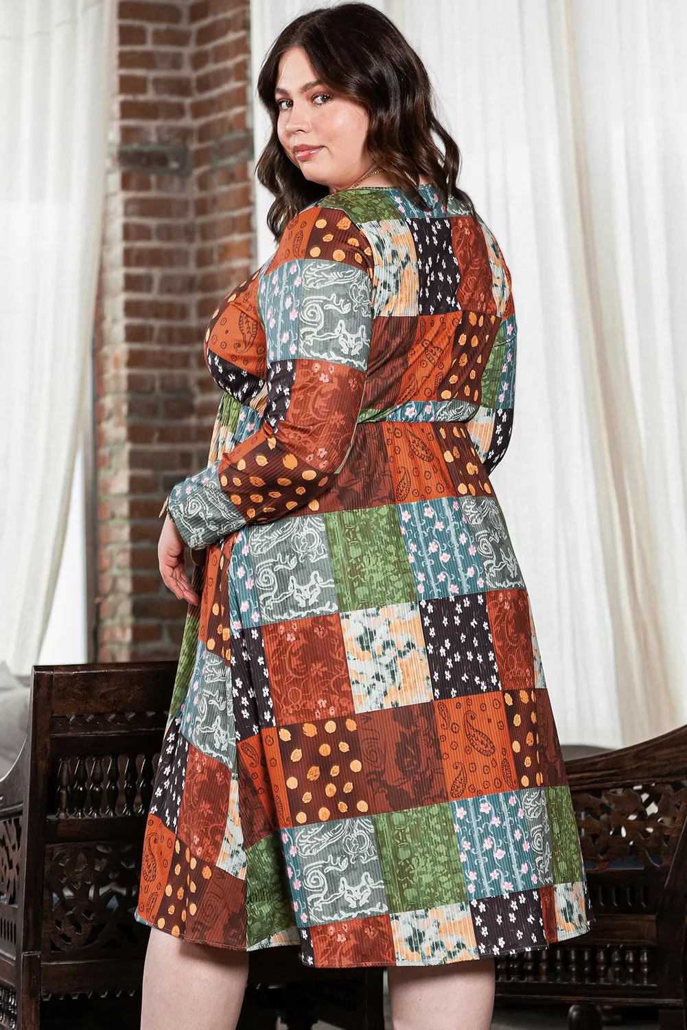 Multicolor Plus Size Plaid Long Sleeve Swing Midi Dress