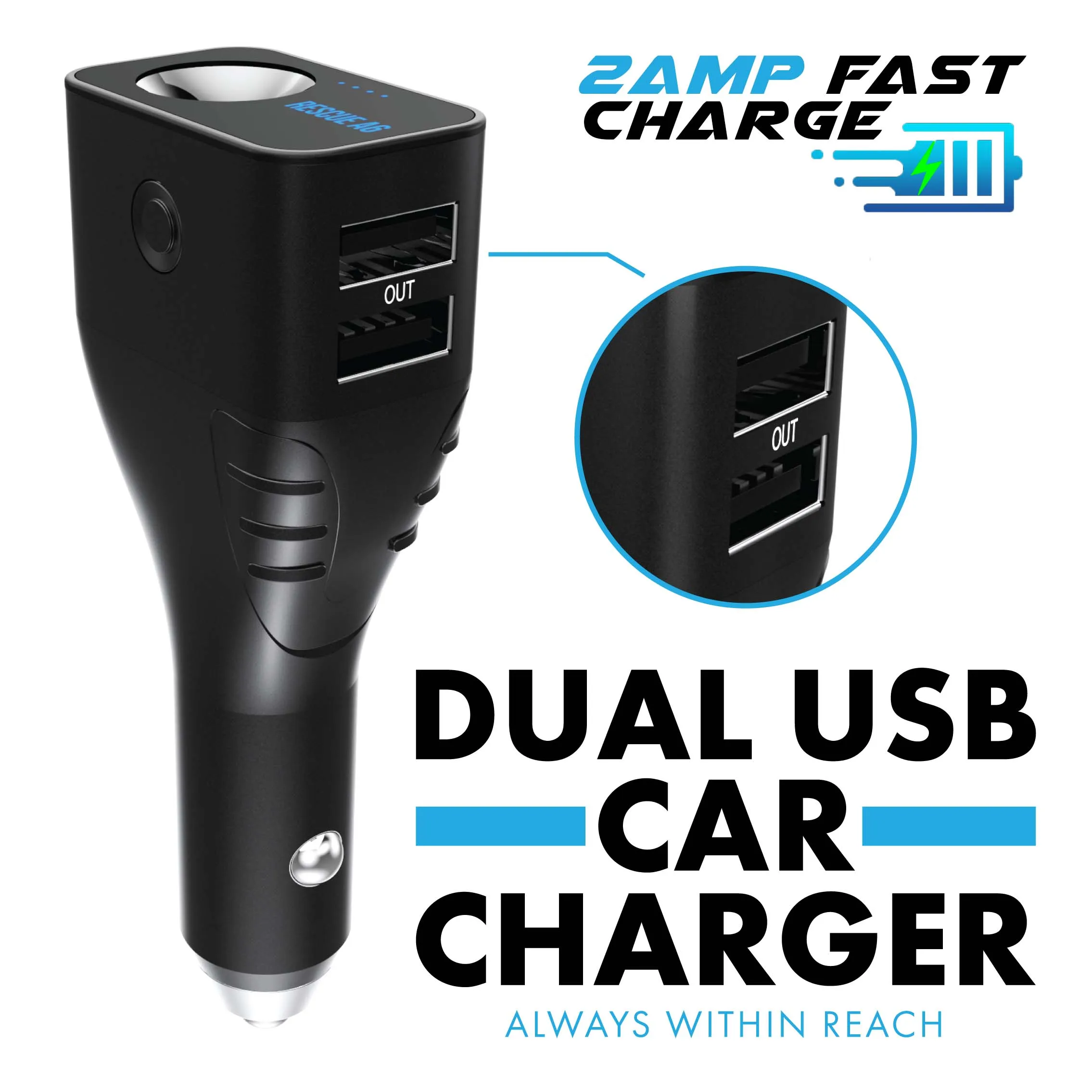 RESCUE A6 Emergency 6-IN-1 CAR SAFETY DEVICE USB CAR CHARGER WINDOW BREAKER SEAT BELT CUTTER  2200mAh POWER BANK POWERFUL LED FLASHLIGHT WITH RED EMERGENCY BEACON