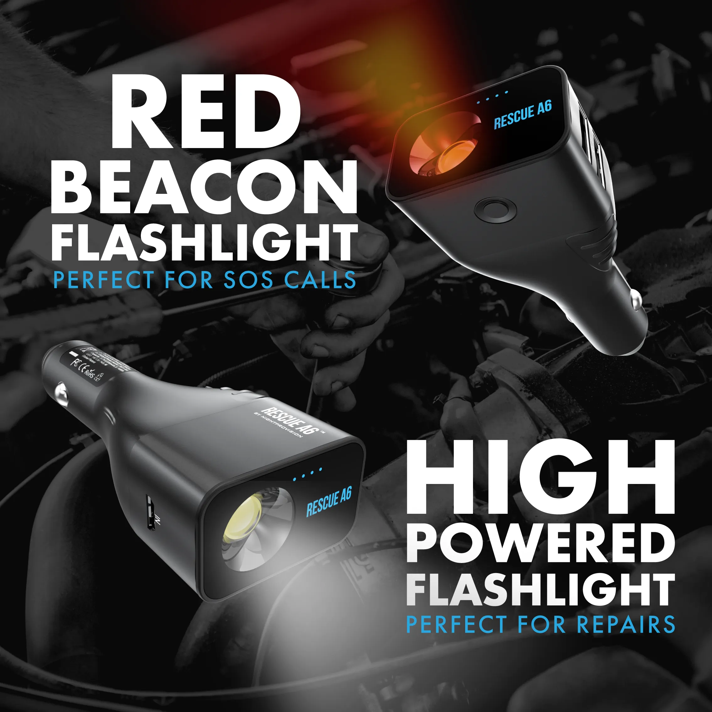RESCUE A6 Emergency 6-IN-1 CAR SAFETY DEVICE USB CAR CHARGER WINDOW BREAKER SEAT BELT CUTTER  2200mAh POWER BANK POWERFUL LED FLASHLIGHT WITH RED EMERGENCY BEACON
