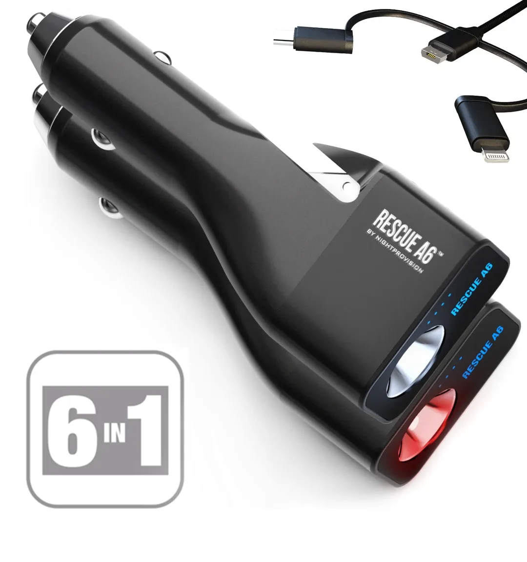 RESCUE A6 Emergency 6-IN-1 CAR SAFETY DEVICE USB CAR CHARGER WINDOW BREAKER SEAT BELT CUTTER  2200mAh POWER BANK POWERFUL LED FLASHLIGHT WITH RED EMERGENCY BEACON