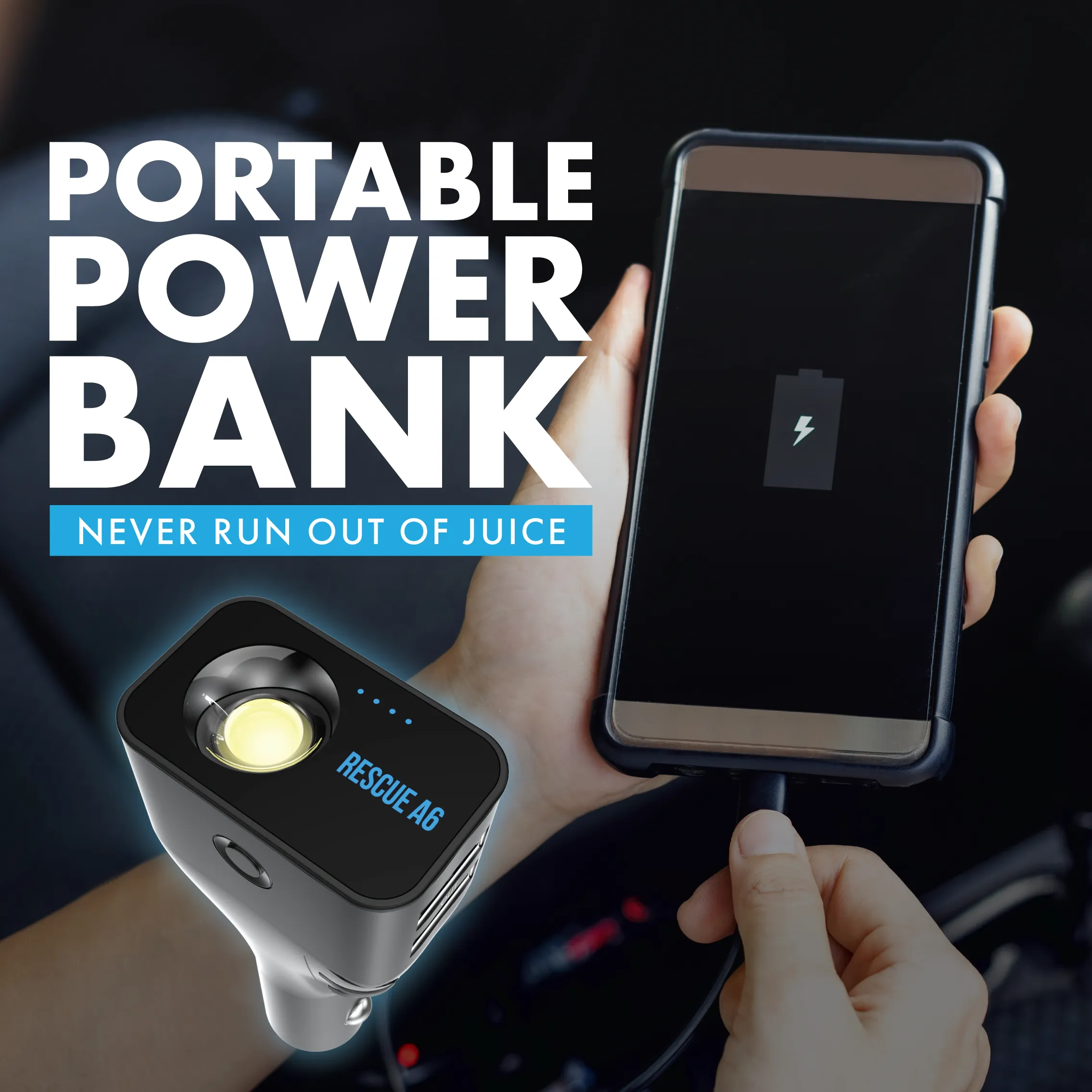 RESCUE A6 Emergency 6-IN-1 CAR SAFETY DEVICE USB CAR CHARGER WINDOW BREAKER SEAT BELT CUTTER  2200mAh POWER BANK POWERFUL LED FLASHLIGHT WITH RED EMERGENCY BEACON