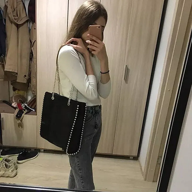 Retro Chains Rivet Large Capacity Tote Bag Women Shoulder Bags Lady Commuting PU Leather Purses Bags Solid Color Bag Bead Bolsa