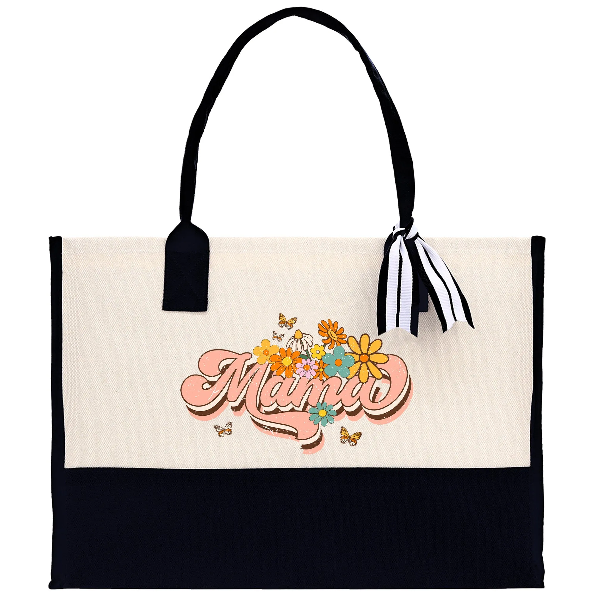 Retro Colorful Floral Mama Cotton Canvas Tote Bag Mom Gift Mom Bag Mom Shopping Bag New Mom Gift Best Mom Ever Bag Boy Girl Mama Tote
