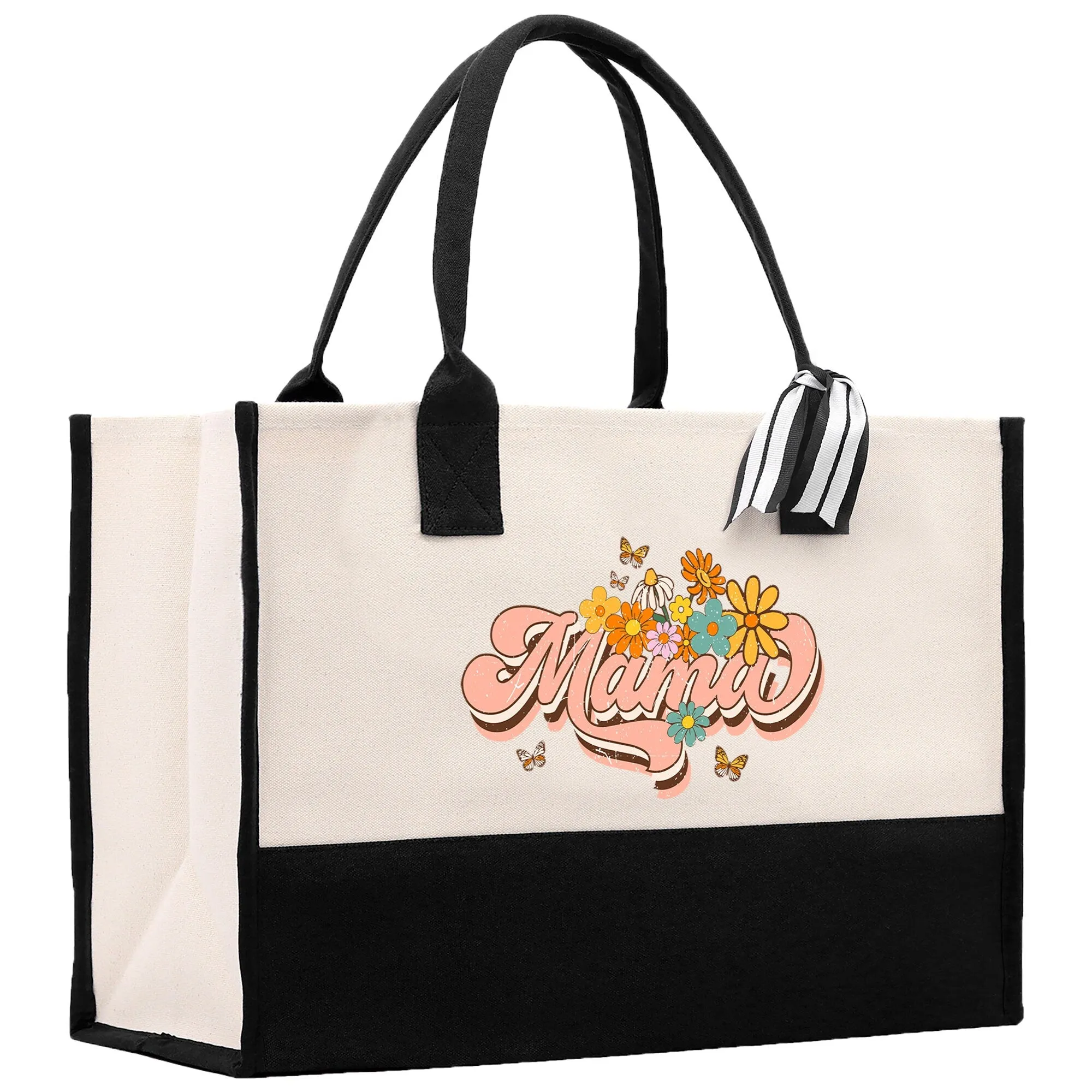 Retro Colorful Floral Mama Cotton Canvas Tote Bag Mom Gift Mom Bag Mom Shopping Bag New Mom Gift Best Mom Ever Bag Boy Girl Mama Tote