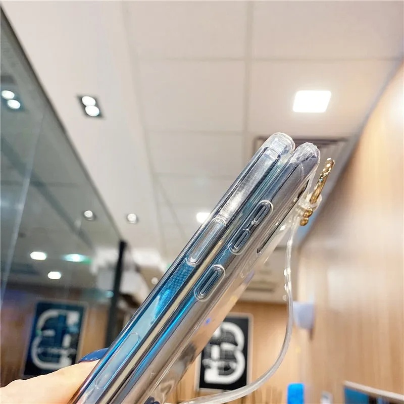 Shockproof Transparent Wrist Strap Back Case for iPhone 14 13 12 Pro XsMax XR 11 12 Mini 6 7 8 Plus TPU Clear Phone Holder Cover