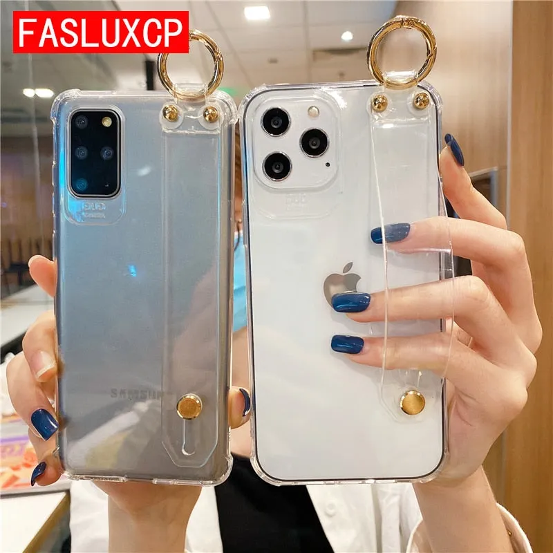 Shockproof Transparent Wrist Strap Back Case for iPhone 14 13 12 Pro XsMax XR 11 12 Mini 6 7 8 Plus TPU Clear Phone Holder Cover