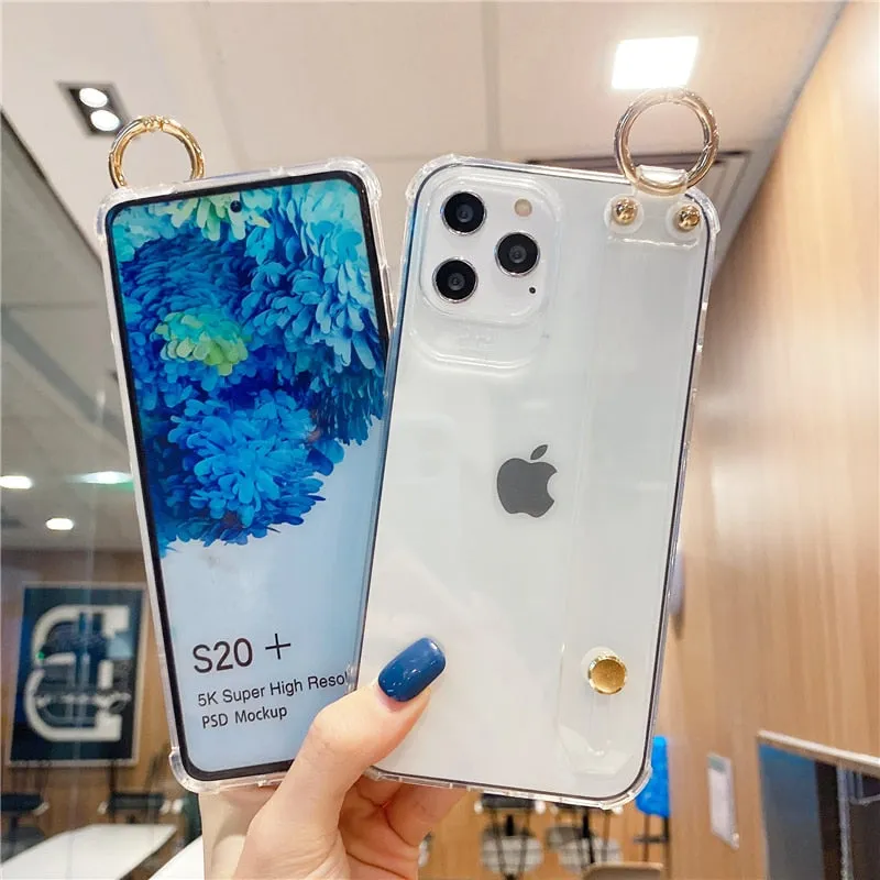 Shockproof Transparent Wrist Strap Back Case for iPhone 14 13 12 Pro XsMax XR 11 12 Mini 6 7 8 Plus TPU Clear Phone Holder Cover