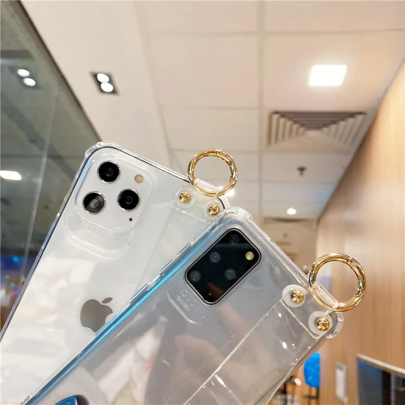 Shockproof Transparent Wrist Strap Back Case for iPhone 14 13 12 Pro XsMax XR 11 12 Mini 6 7 8 Plus TPU Clear Phone Holder Cover
