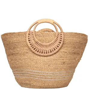 Silver Natural Braided Jute Bag With Wicker Handle