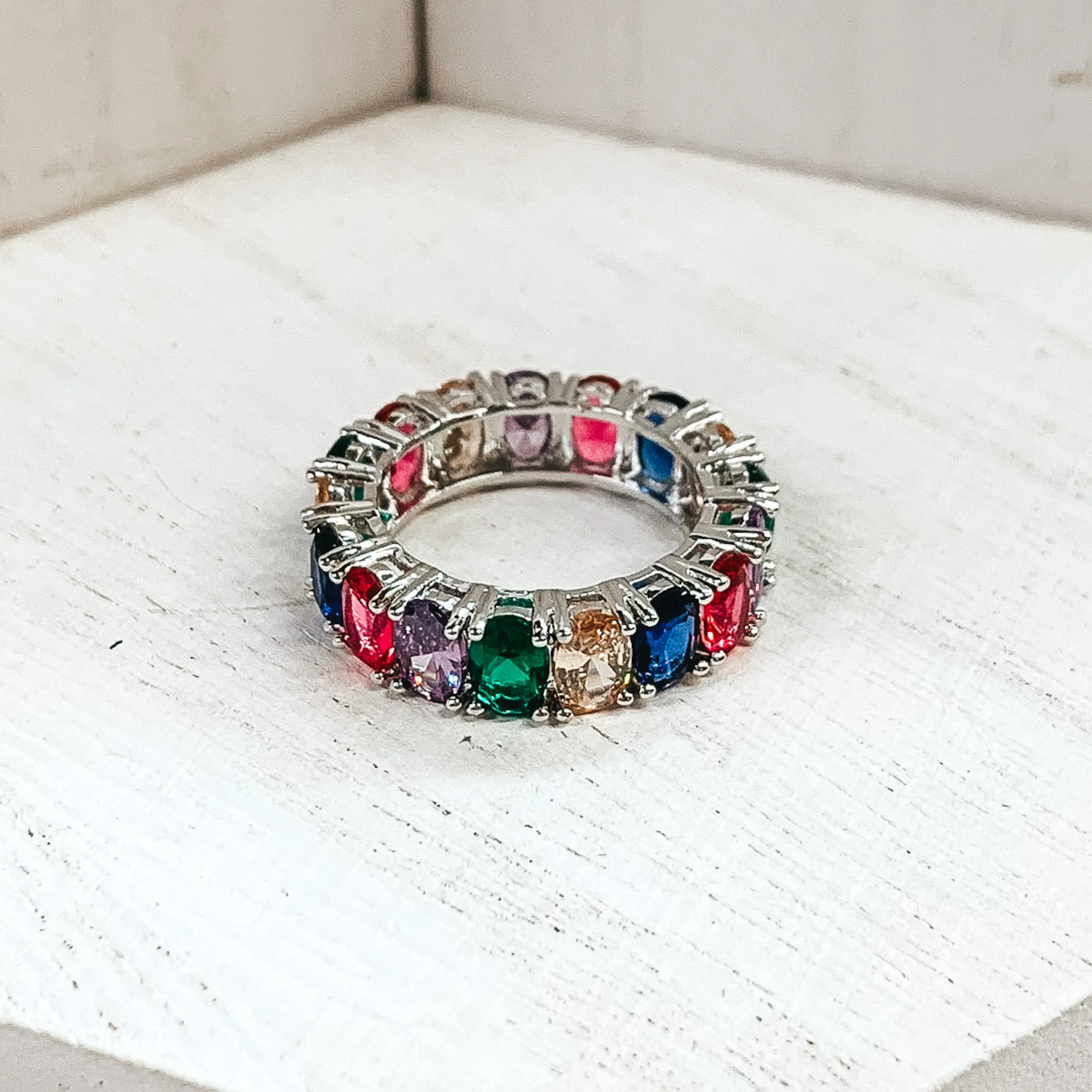 Silver Tone Ring with Oval CZ Crystals in Multicolored