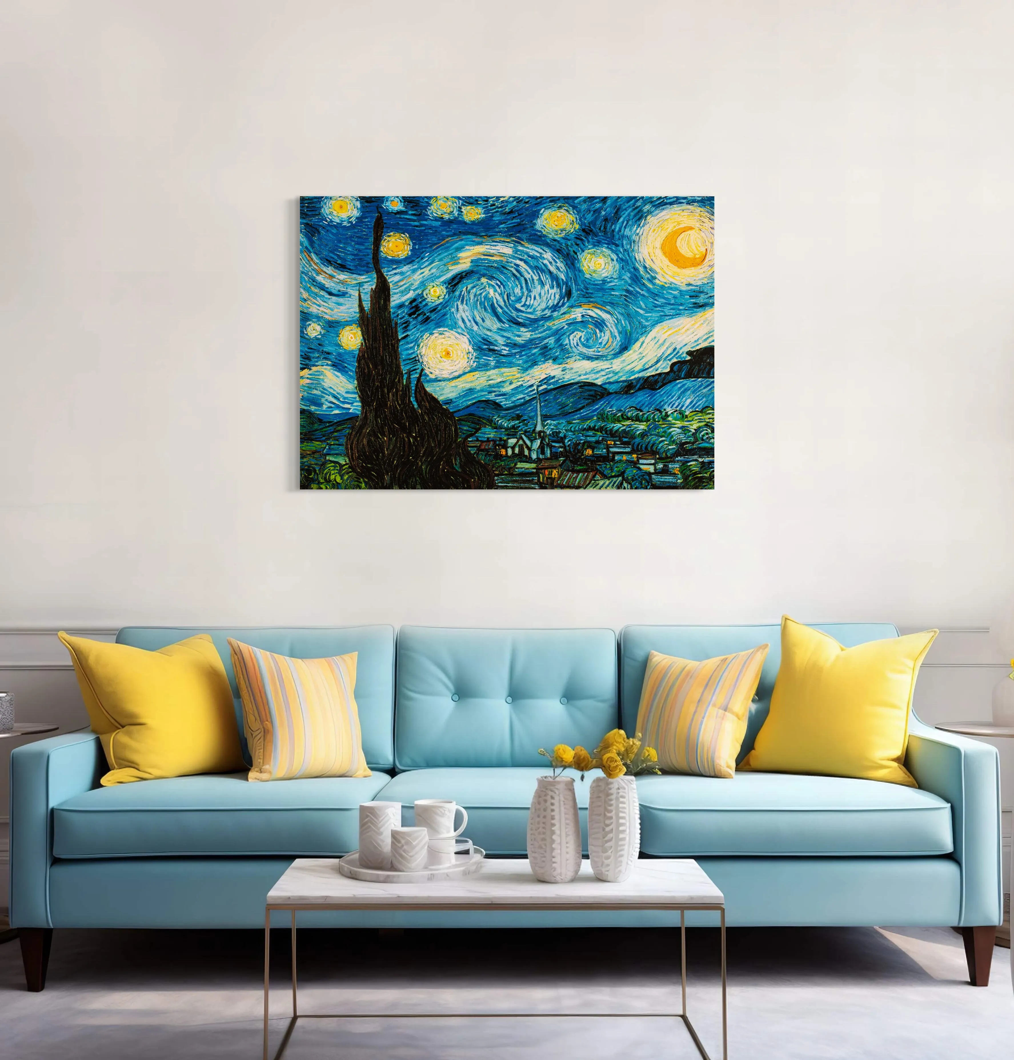 Swirling Starry Night - Painted by Vincent Van-Gogh - Circa. 1888. High Quality Polyester Cotton Canvas Print. Rolled Canvas Available in 3 Sizes - Small, Medium, or Large. Stretched Canvas Option Available in One (1) Large Size - 70cm x 100cm.