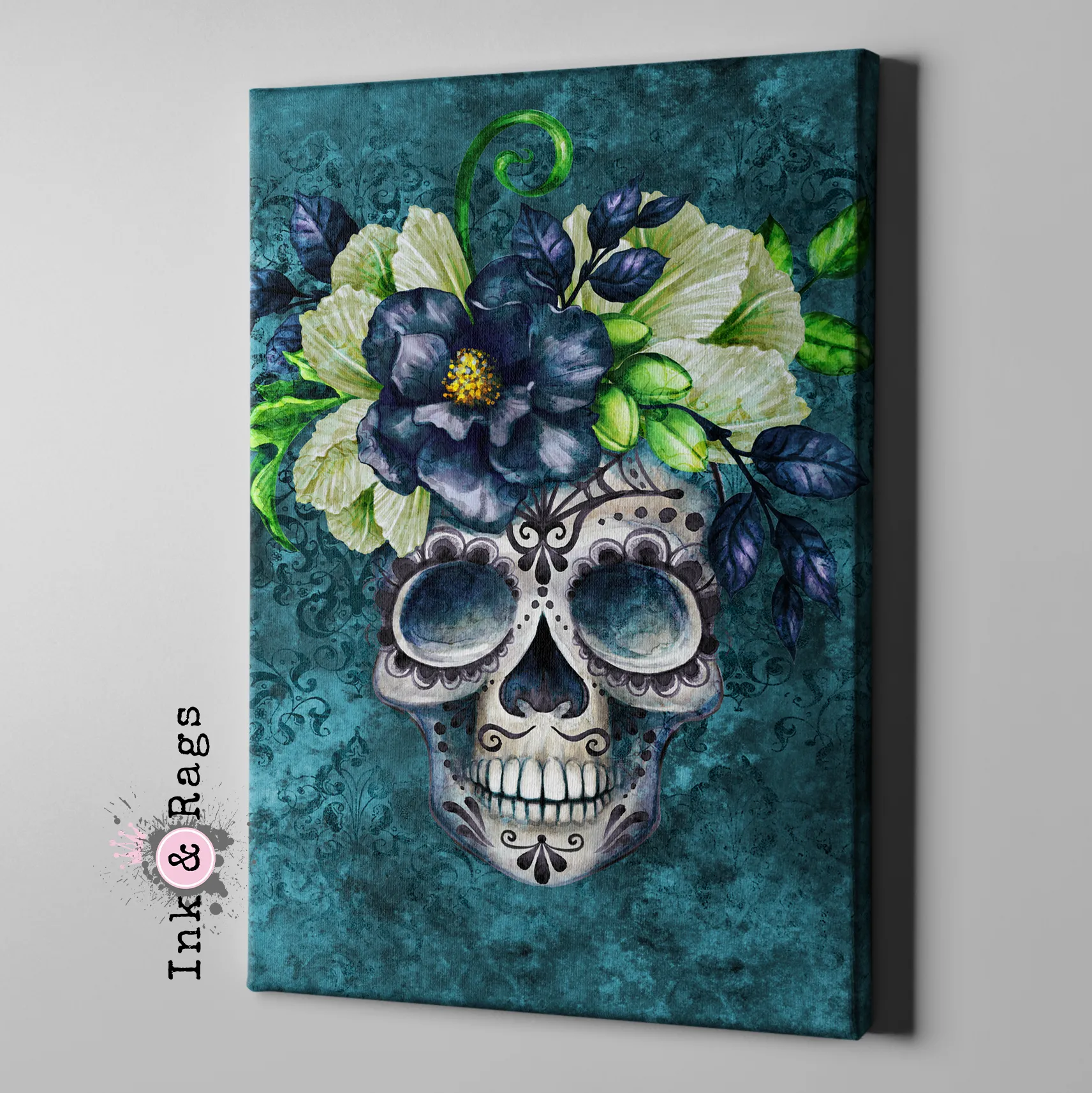 Teal Webbed Sugar Skull and Flower Gallery Wrapped Canvas
