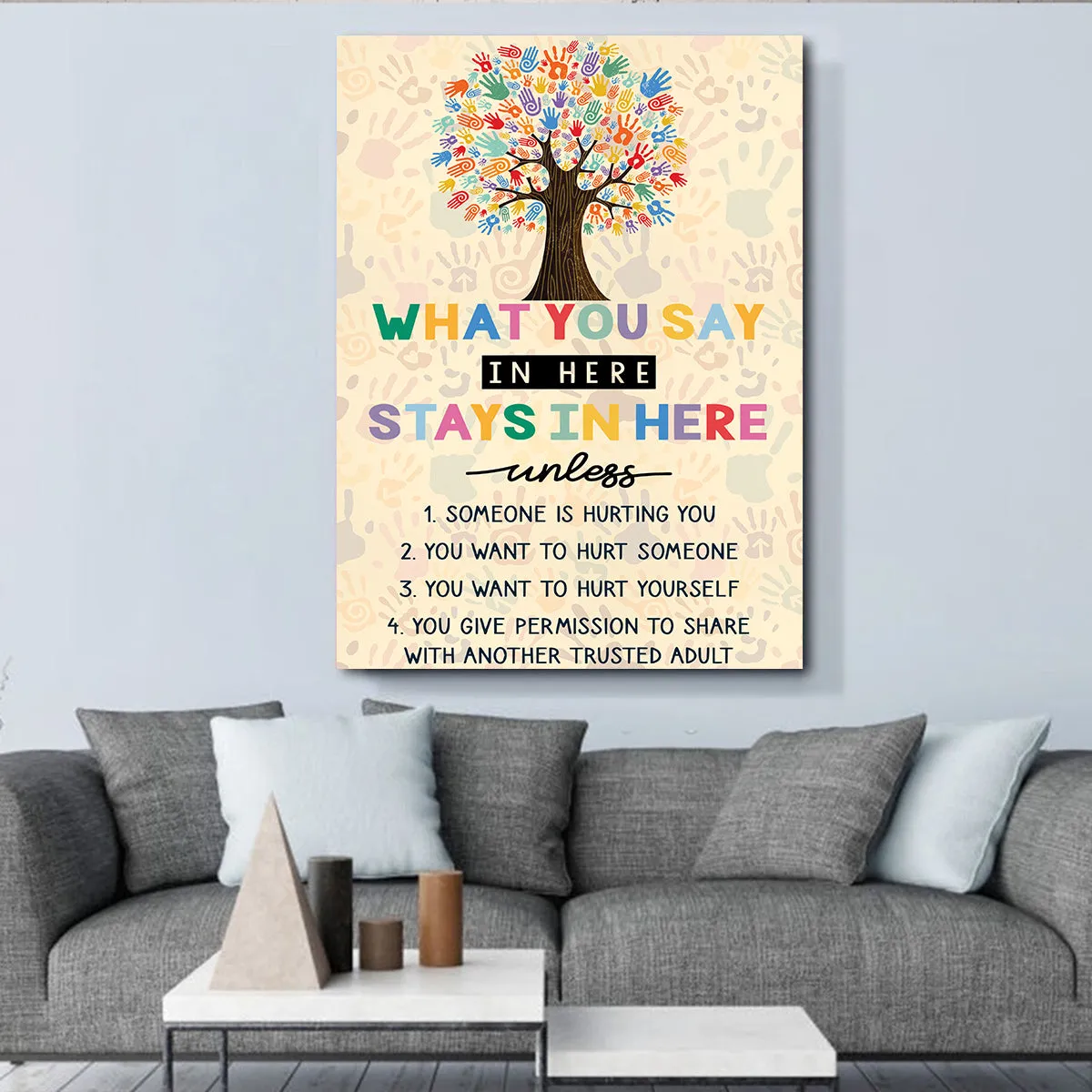 Teesdily | Autism Colorful Tree Hand Poster Canvas What You Say In Here Stays In Here Canvas Art Autism Awareness Wall Art Neurodiversity Sign